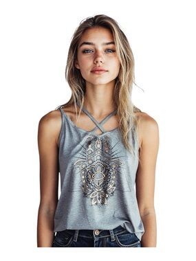 Rebellious One Hamsa Hand Graphic Tank Top Gray Size Medium